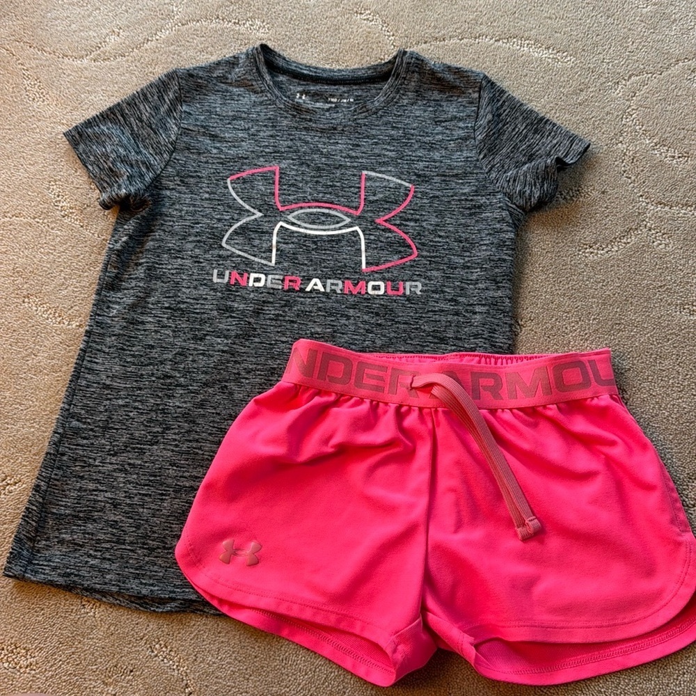 Under Armour Youth Set Athletic Shirt & Shorts, Pink, Black, Gray SM/M